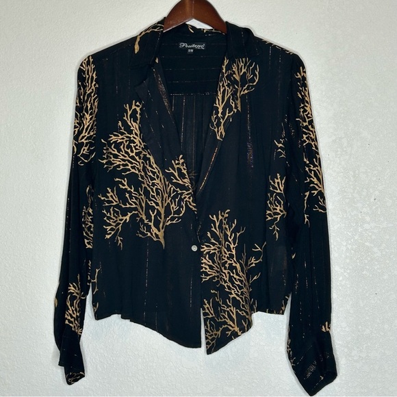 Positano by Jean Paul Long Sleeve Black/Gold Print Blouse Sz S/M - Picture 1 of 11